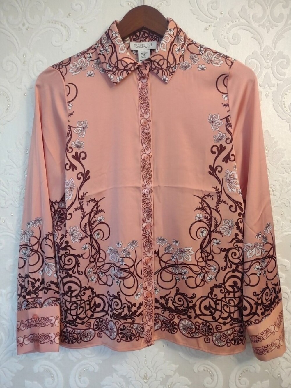 Rachel Zoe Pink Satin Baroque Floral Button-Up Blouse Top Size XS Long Sleeve